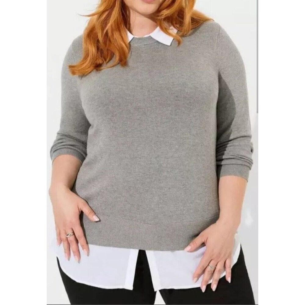 Torrid Fitted Pullover Collared 2-Fer Sweater Heather Grey/White Size 00 (M/L)